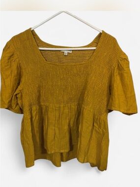 EARTHBOUND Mustard Smocked Square Neck Peplum Top
